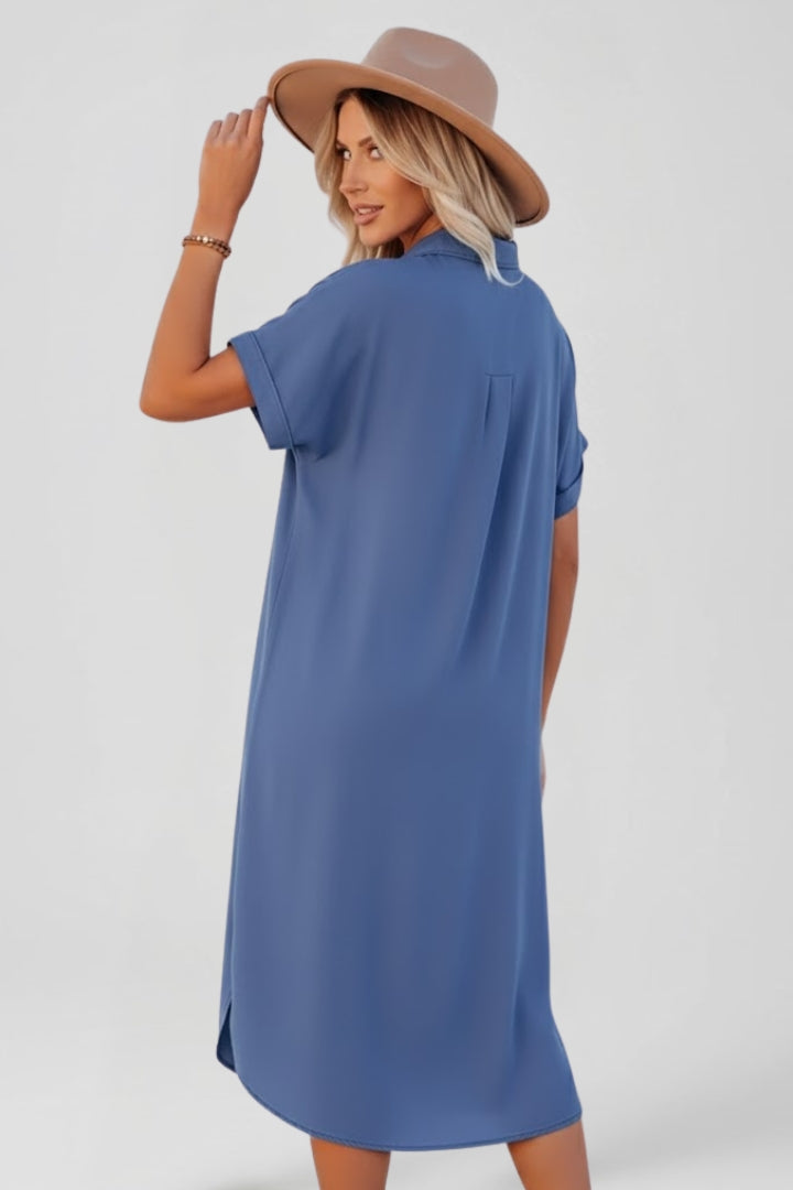 Zena | Women’s Button Down Shirt Dress – Casual Short Sleeve Collared Midi Dress