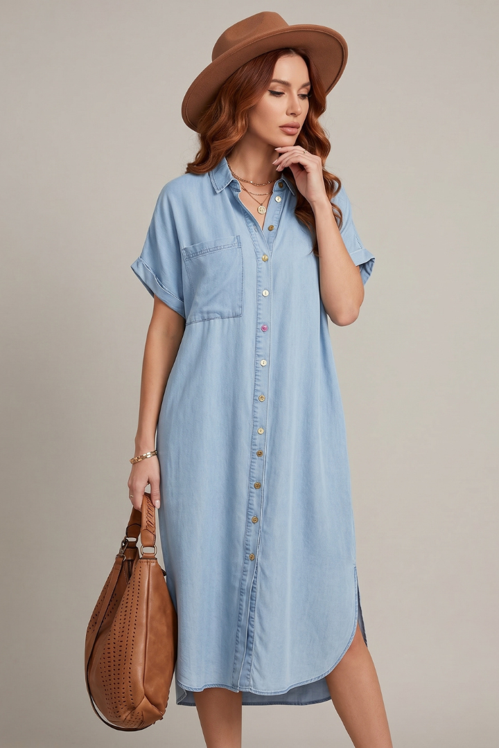 Zena | Women’s Button Down Shirt Dress – Casual Short Sleeve Collared Midi Dress