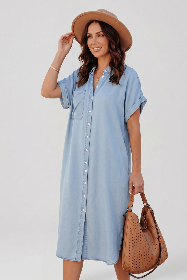 Zena | Women’s Button Down Shirt Dress – Casual Short Sleeve Collared Midi Dress