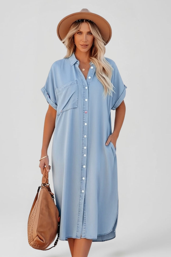 Zena | Women’s Button Down Shirt Dress – Casual Short Sleeve Collared Midi Dress