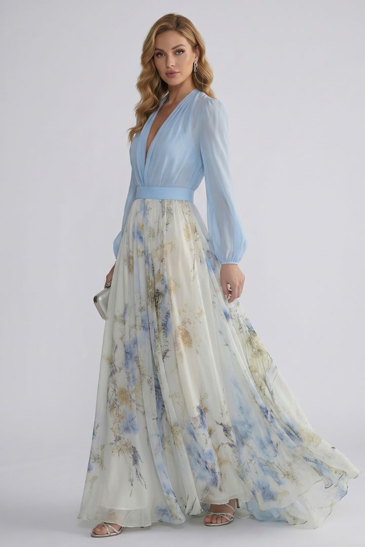Zenae | Women’s Printed Maxi Dress with V-Neck, Elegant Flowing Evening Dress