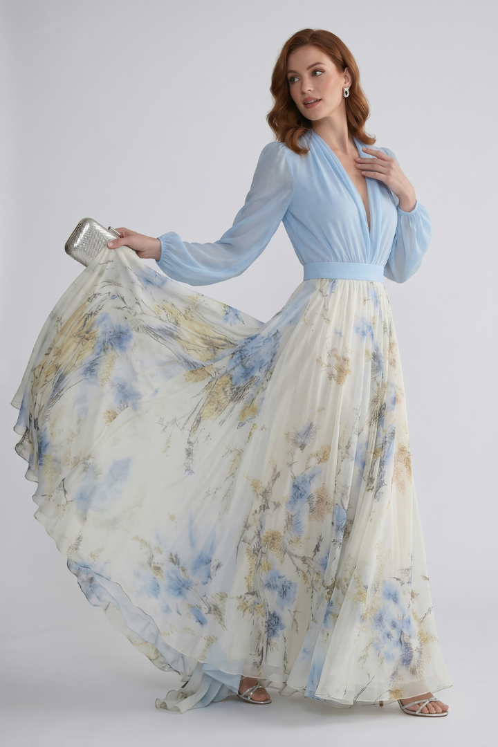 Zenae | Women’s Printed Maxi Dress with V-Neck, Elegant Flowing Evening Dress