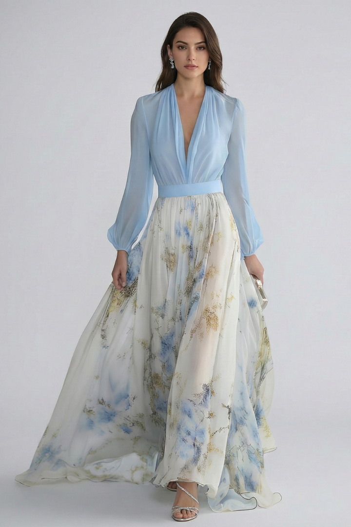 Zenae | Women’s Printed Maxi Dress with V-Neck, Elegant Flowing Evening Dress