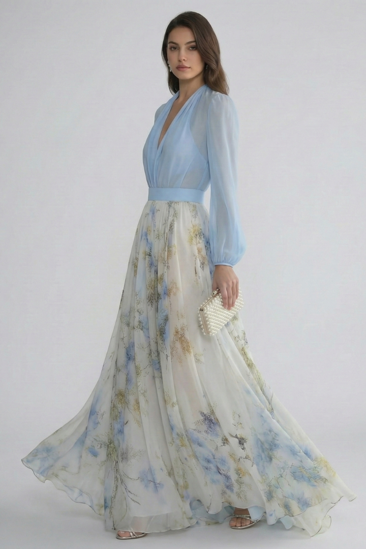 Zenae | Women’s Printed Maxi Dress with V-Neck, Elegant Flowing Evening Dress