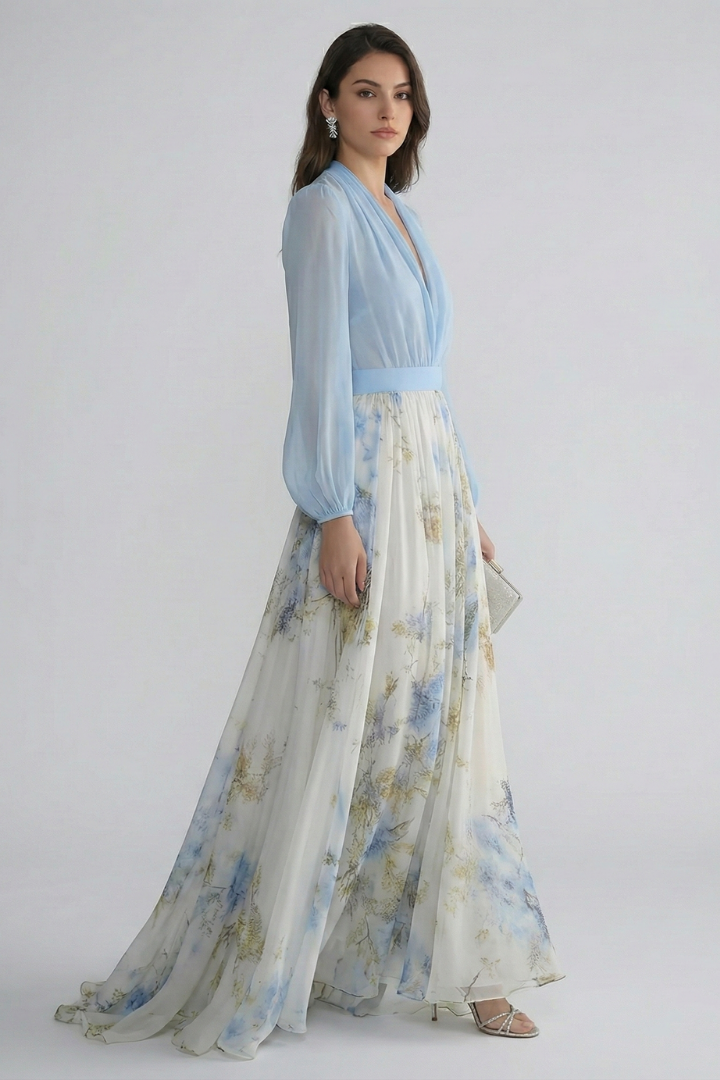 Zenae | Women’s Printed Maxi Dress with V-Neck, Elegant Flowing Evening Dress