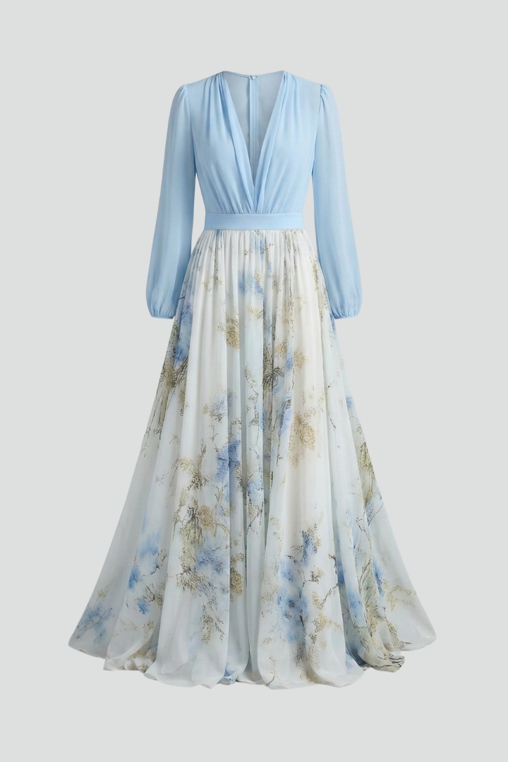 Zenae | Women’s Printed Maxi Dress with V-Neck, Elegant Flowing Evening Dress