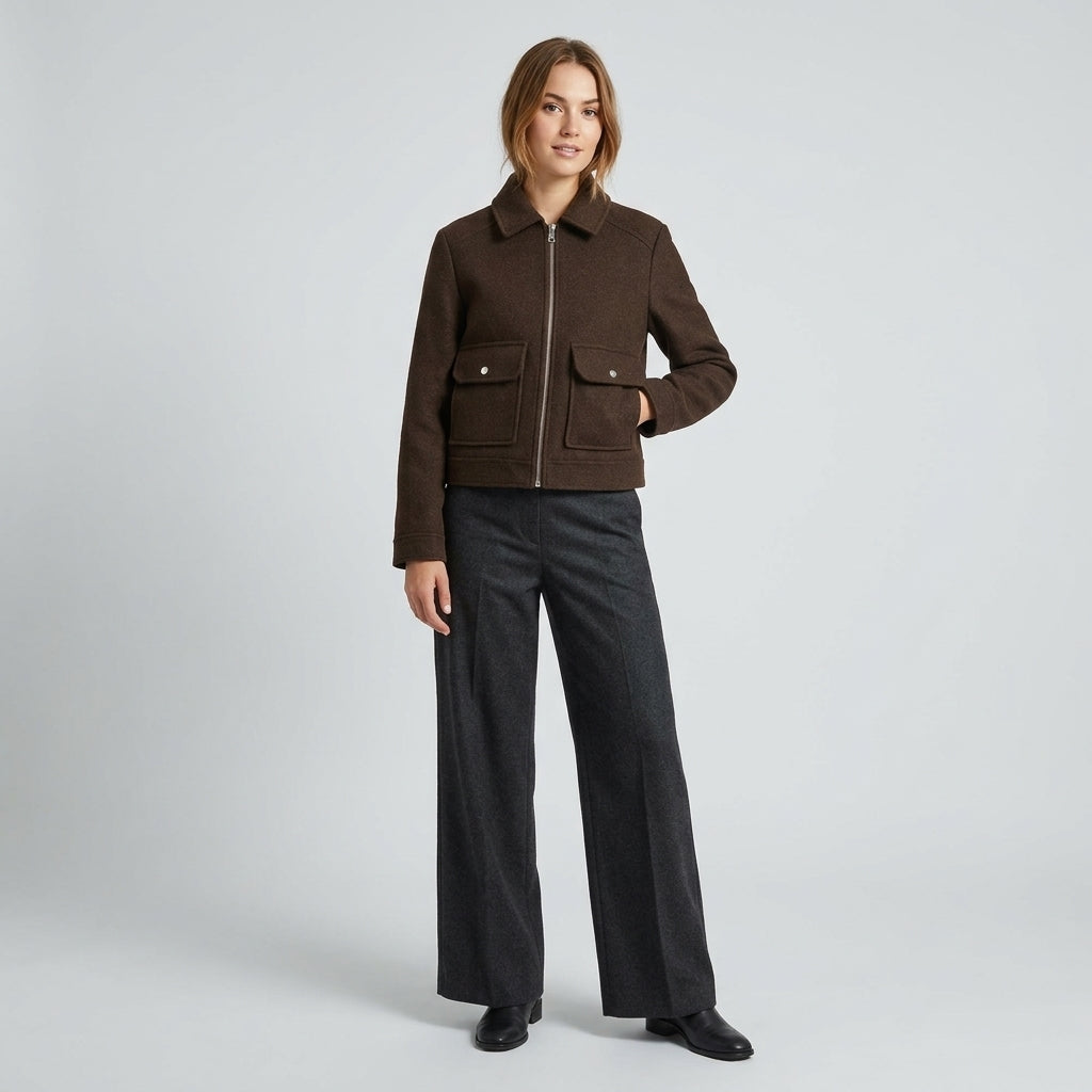 Zephine | Women’s Cropped Bomber Jacket – Lapel Collar, Zip Front