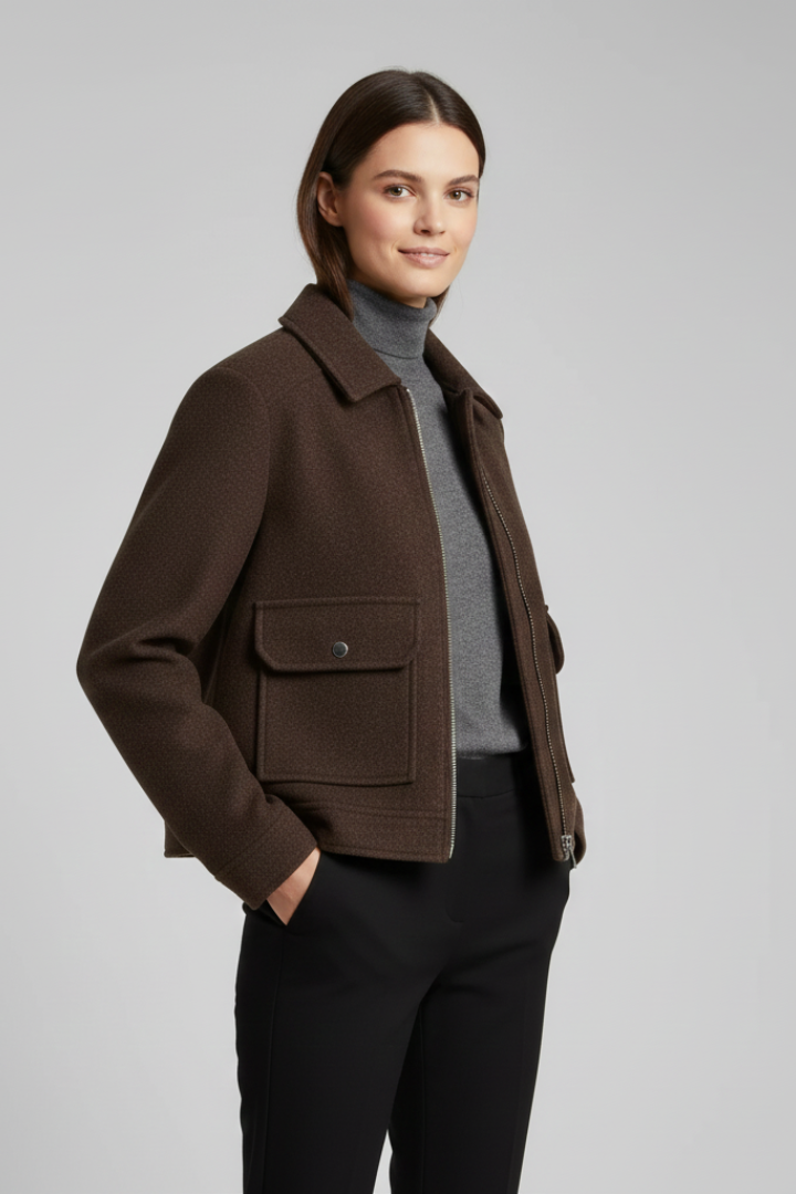 Zephine | Women’s Cropped Bomber Jacket – Lapel Collar, Zip Front