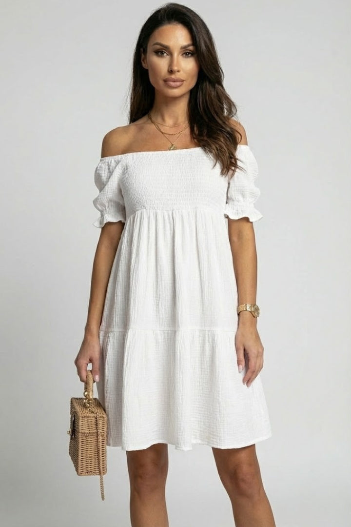 Zevoria | Women’s Off Shoulder Tiered Midi Dress – Textured Boho Ruffle Dress