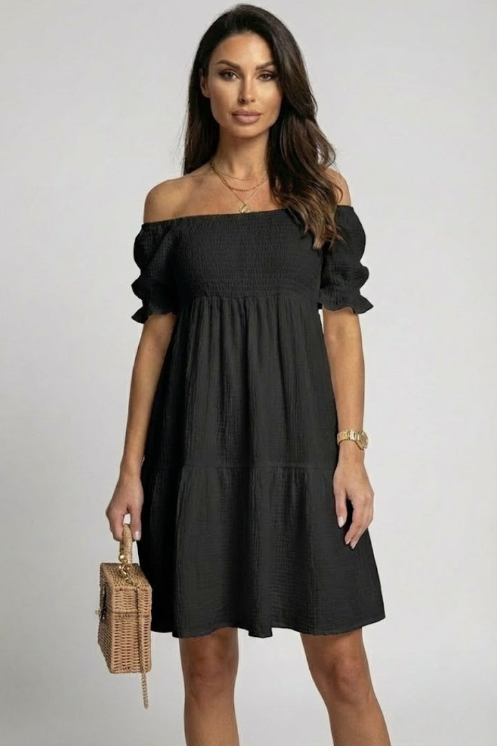 Zevoria | Women’s Off Shoulder Tiered Midi Dress – Textured Boho Ruffle Dress