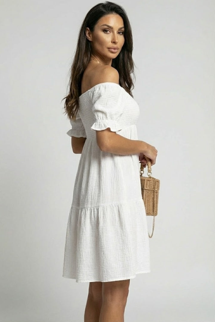 Zevoria | Women’s Off Shoulder Tiered Midi Dress – Textured Boho Ruffle Dress
