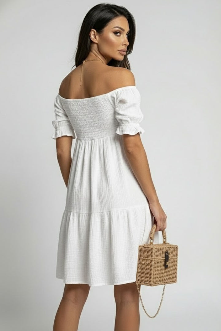 Zevoria | Women’s Off Shoulder Tiered Midi Dress – Textured Boho Ruffle Dress