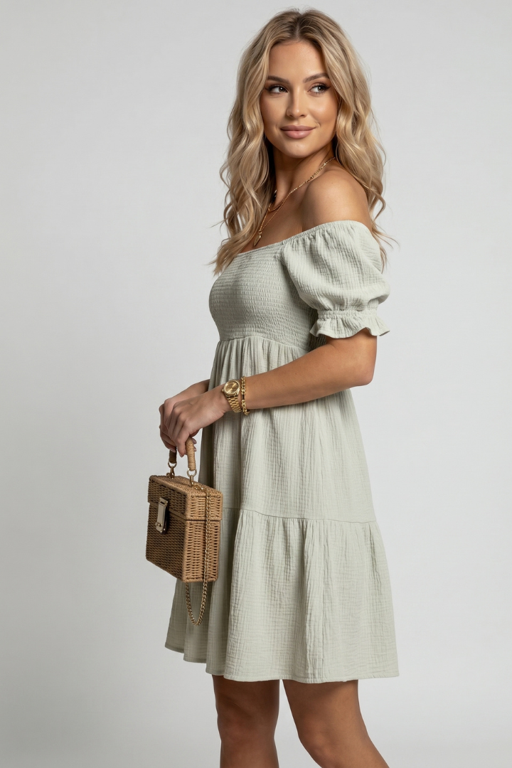 Zevoria | Women’s Off Shoulder Tiered Midi Dress – Textured Boho Ruffle Dress