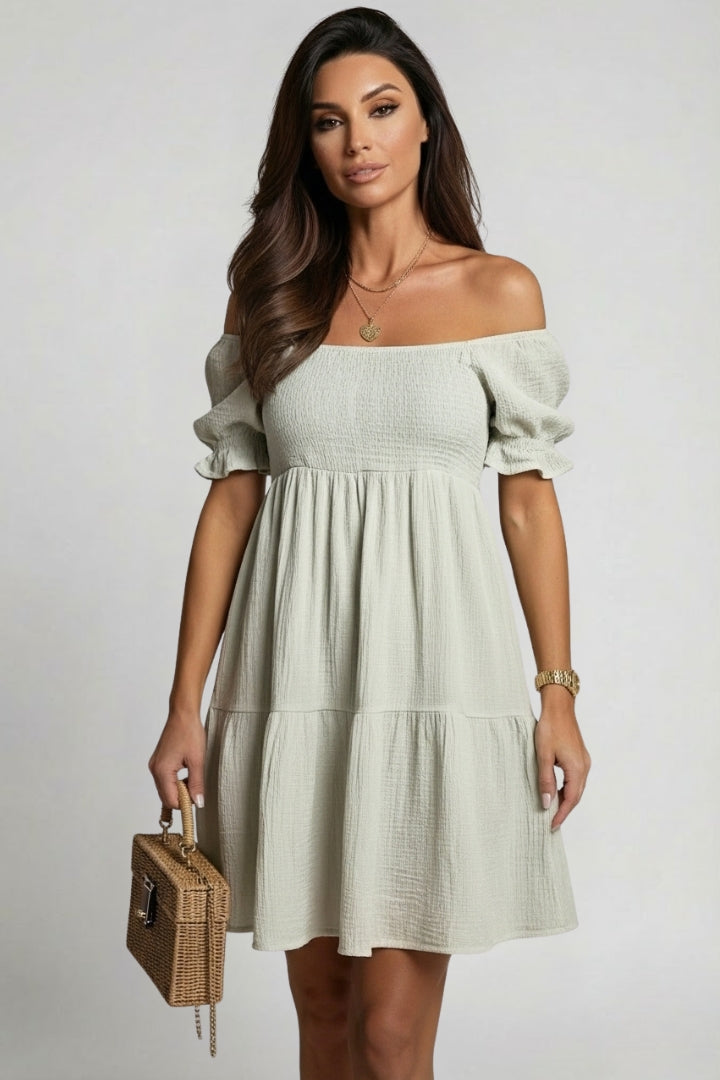 Zevoria | Women’s Off Shoulder Tiered Midi Dress – Textured Boho Ruffle Dress