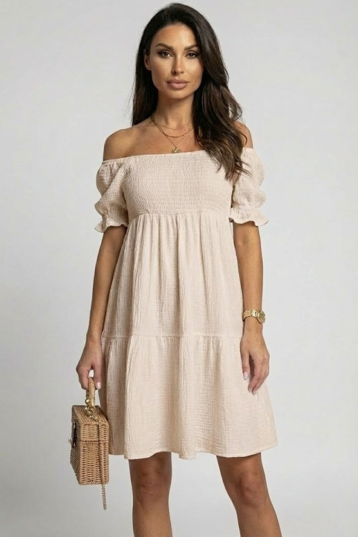 Zevoria | Women’s Off Shoulder Tiered Midi Dress – Textured Boho Ruffle Dress