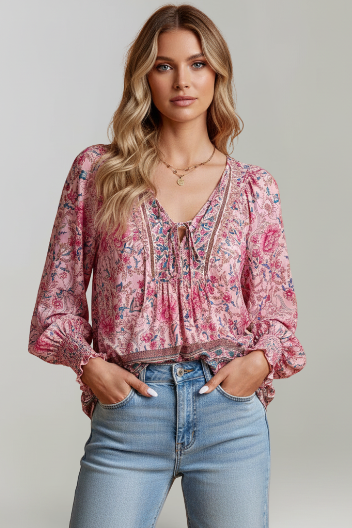 Zinnia | Women’s Boho Floral Blouse – V-Neck Tie Front Top, Long Sleeve Tunic