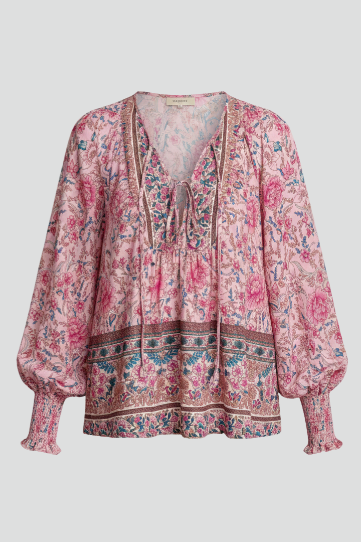 Zinnia | Women’s Boho Floral Blouse – V-Neck Tie Front Top, Long Sleeve Tunic