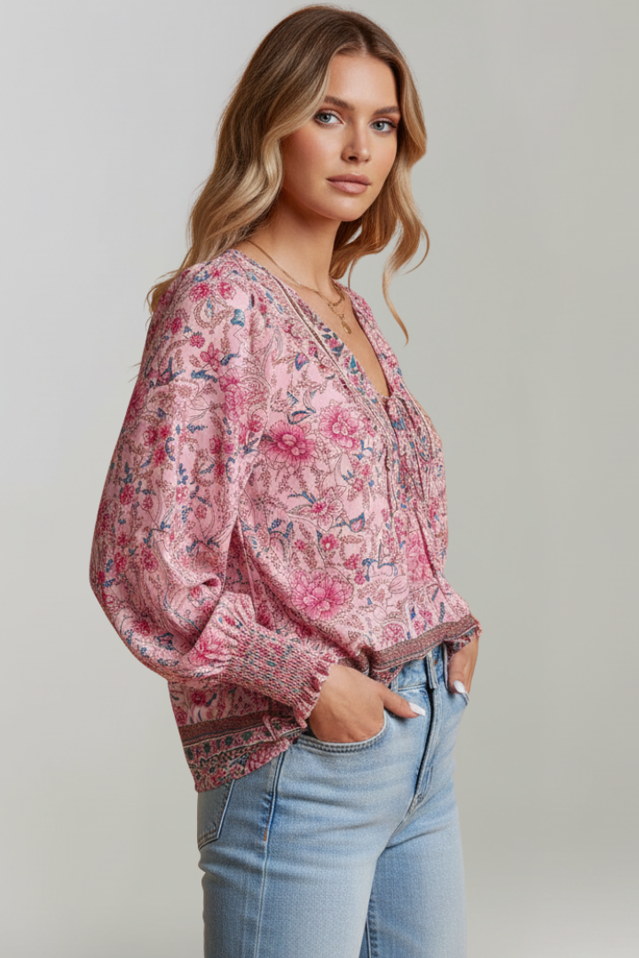 Zinnia | Women’s Boho Floral Blouse – V-Neck Tie Front Top, Long Sleeve Tunic