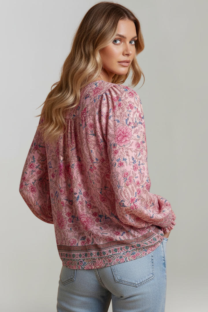 Zinnia | Women’s Boho Floral Blouse – V-Neck Tie Front Top, Long Sleeve Tunic