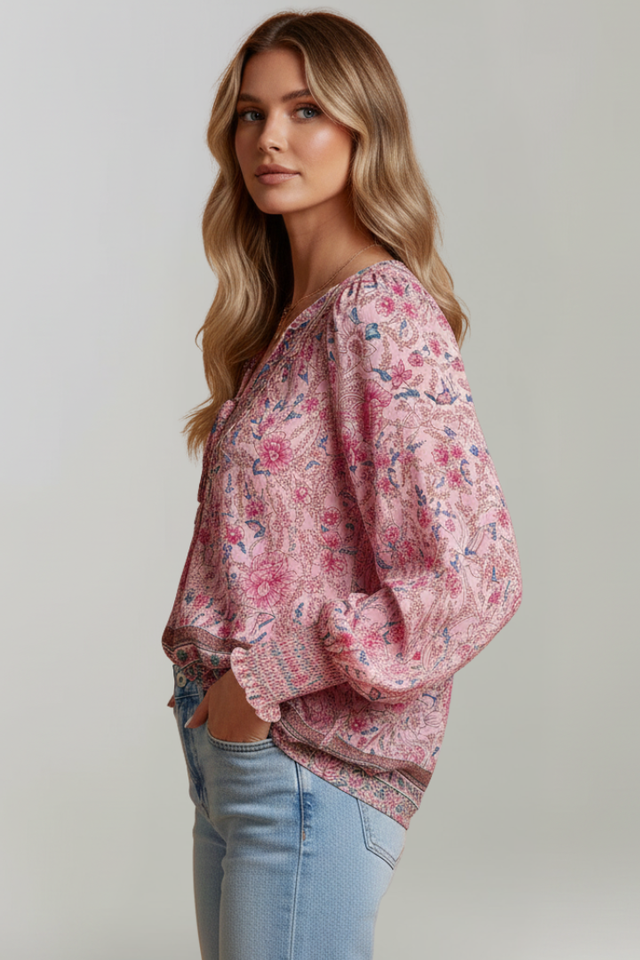 Zinnia | Women’s Boho Floral Blouse – V-Neck Tie Front Top, Long Sleeve Tunic