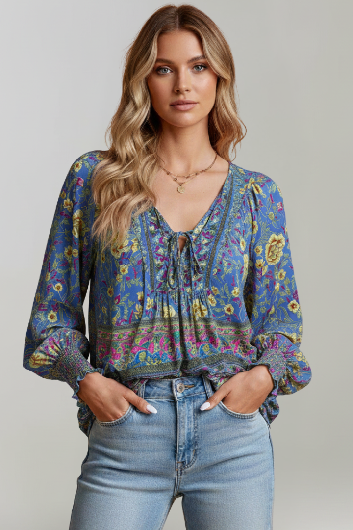 Zinnia | Women’s Boho Floral Blouse – V-Neck Tie Front Top, Long Sleeve Tunic