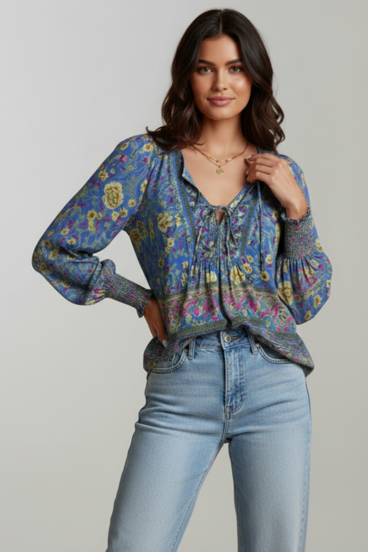 Zinnia | Women’s Boho Floral Blouse – V-Neck Tie Front Top, Long Sleeve Tunic