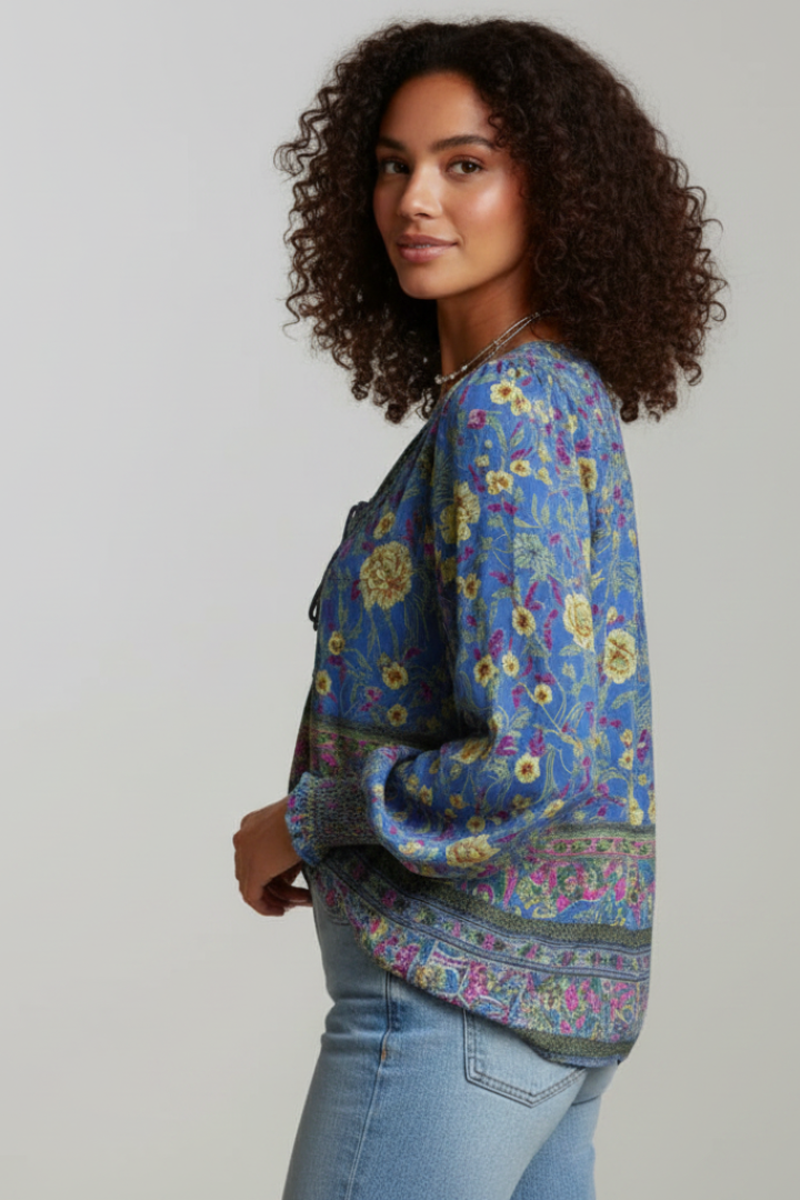 Zinnia | Women’s Boho Floral Blouse – V-Neck Tie Front Top, Long Sleeve Tunic