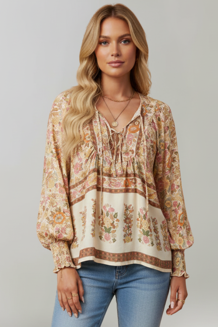 Zinnia | Women’s Boho Floral Blouse – V-Neck Tie Front Top, Long Sleeve Tunic