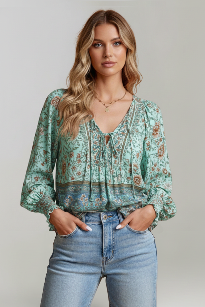 Zinnia | Women’s Boho Floral Blouse – V-Neck Tie Front Top, Long Sleeve Tunic