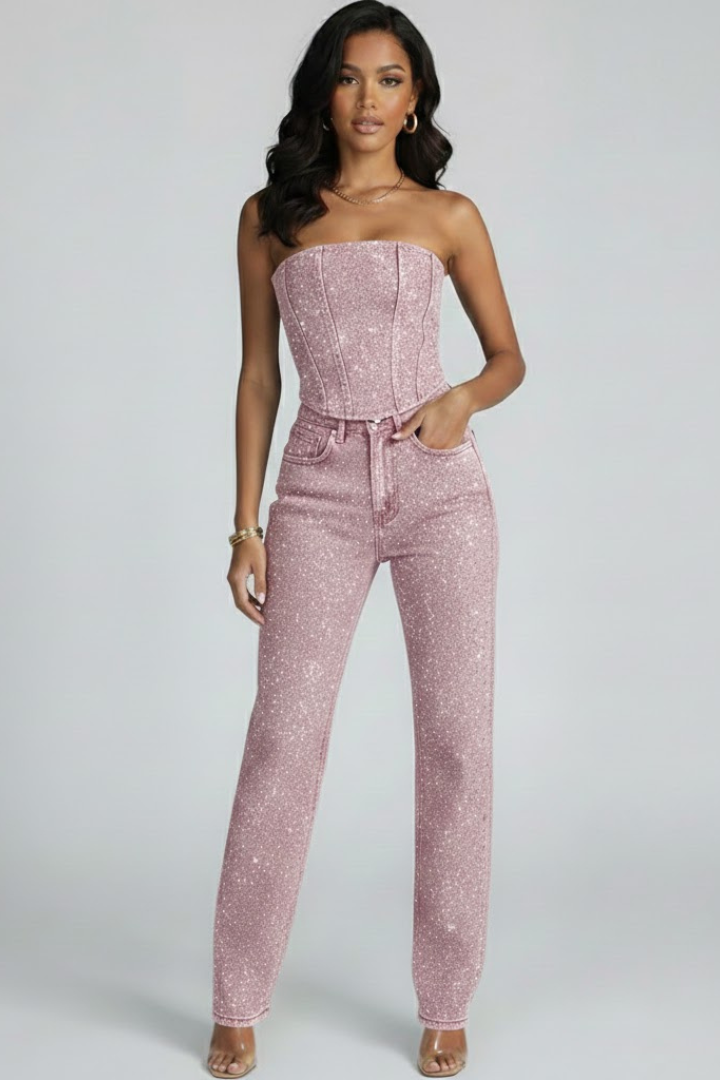 Zirelyra | Women Strapless Two Piece Set – High Waisted Straight Leg Trousers Co-Ord Outfit, Elegant Evening Matching Set, Textured Finish