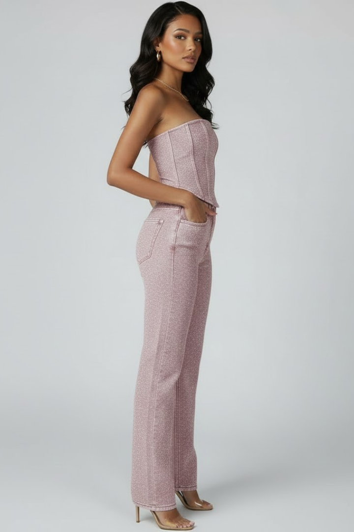Zirelyra | Women Strapless Two Piece Set – High Waisted Straight Leg Trousers Co-Ord Outfit, Elegant Evening Matching Set, Textured Finish