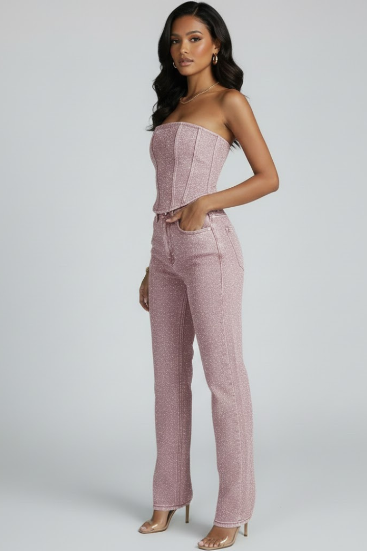 Zirelyra | Women Strapless Two Piece Set – High Waisted Straight Leg Trousers Co-Ord Outfit, Elegant Evening Matching Set, Textured Finish