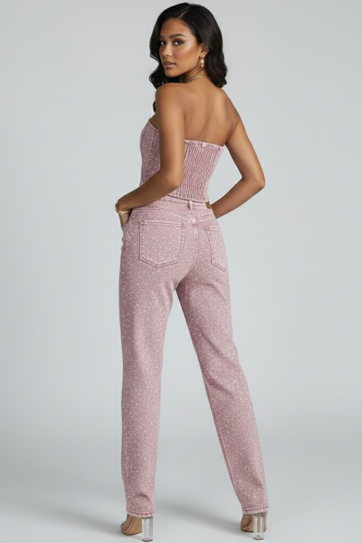 Zirelyra | Women Strapless Two Piece Set – High Waisted Straight Leg Trousers Co-Ord Outfit, Elegant Evening Matching Set, Textured Finish