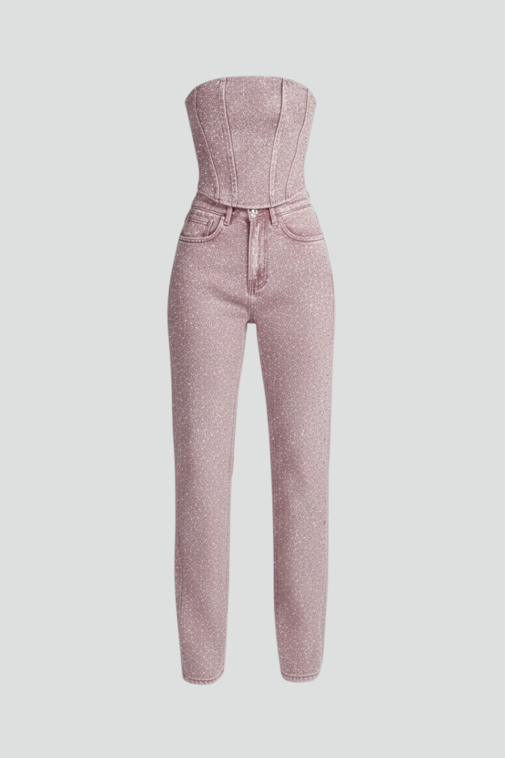 Zirelyra | Women Strapless Two Piece Set – High Waisted Straight Leg Trousers Co-Ord Outfit, Elegant Evening Matching Set, Textured Finish