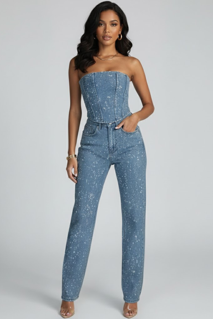 Zirelyra | Women Strapless Two Piece Set – High Waisted Straight Leg Trousers Co-Ord Outfit, Elegant Evening Matching Set, Textured Finish