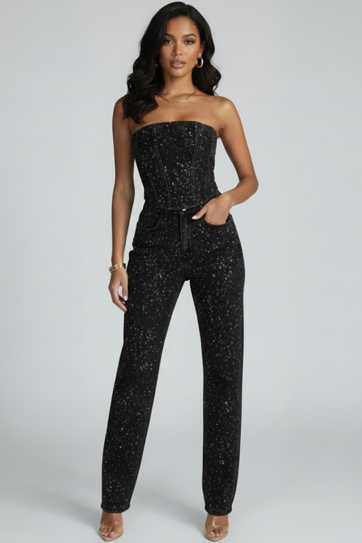 Zirelyra | Women Strapless Two Piece Set – High Waisted Straight Leg Trousers Co-Ord Outfit, Elegant Evening Matching Set, Textured Finish