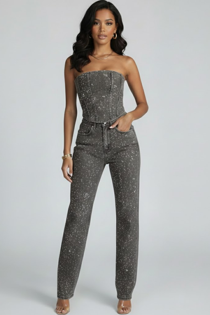 Zirelyra | Women Strapless Two Piece Set – High Waisted Straight Leg Trousers Co-Ord Outfit, Elegant Evening Matching Set, Textured Finish