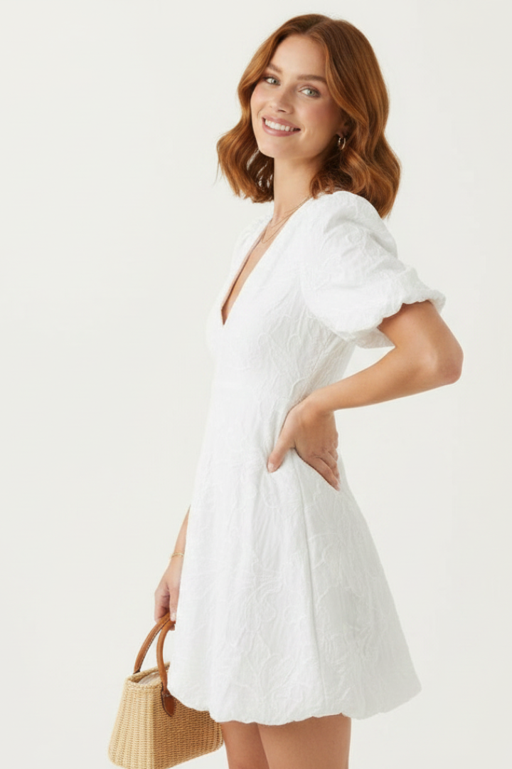 Zorana | Women’s Embroidered Mini Dress – Puff Sleeve V-Neck Floral Dress, Bubble Hem