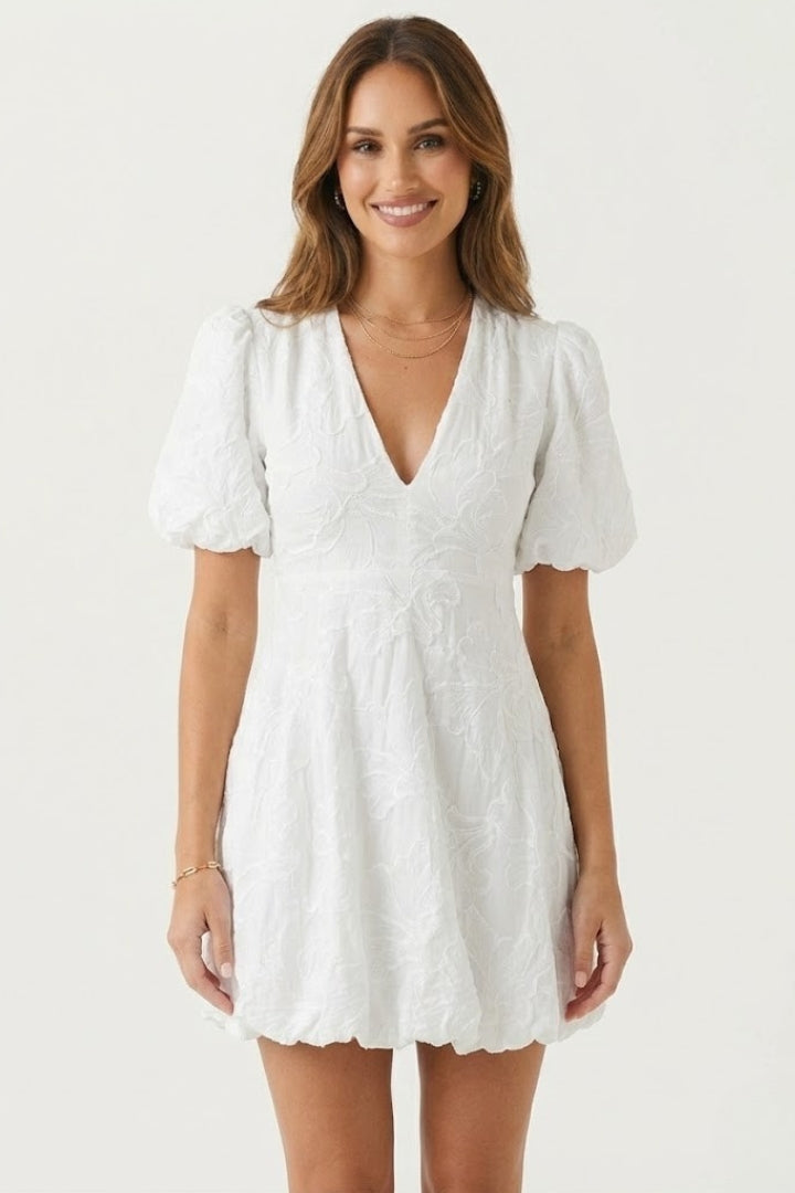 Zorana | Women’s Embroidered Mini Dress – Puff Sleeve V-Neck Floral Dress, Bubble Hem