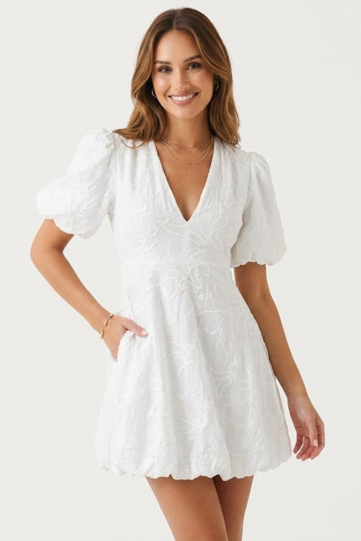 Zorana | Women’s Embroidered Mini Dress – Puff Sleeve V-Neck Floral Dress, Bubble Hem