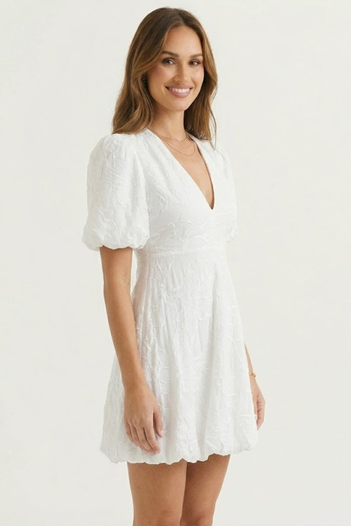 Zorana | Women’s Embroidered Mini Dress – Puff Sleeve V-Neck Floral Dress, Bubble Hem