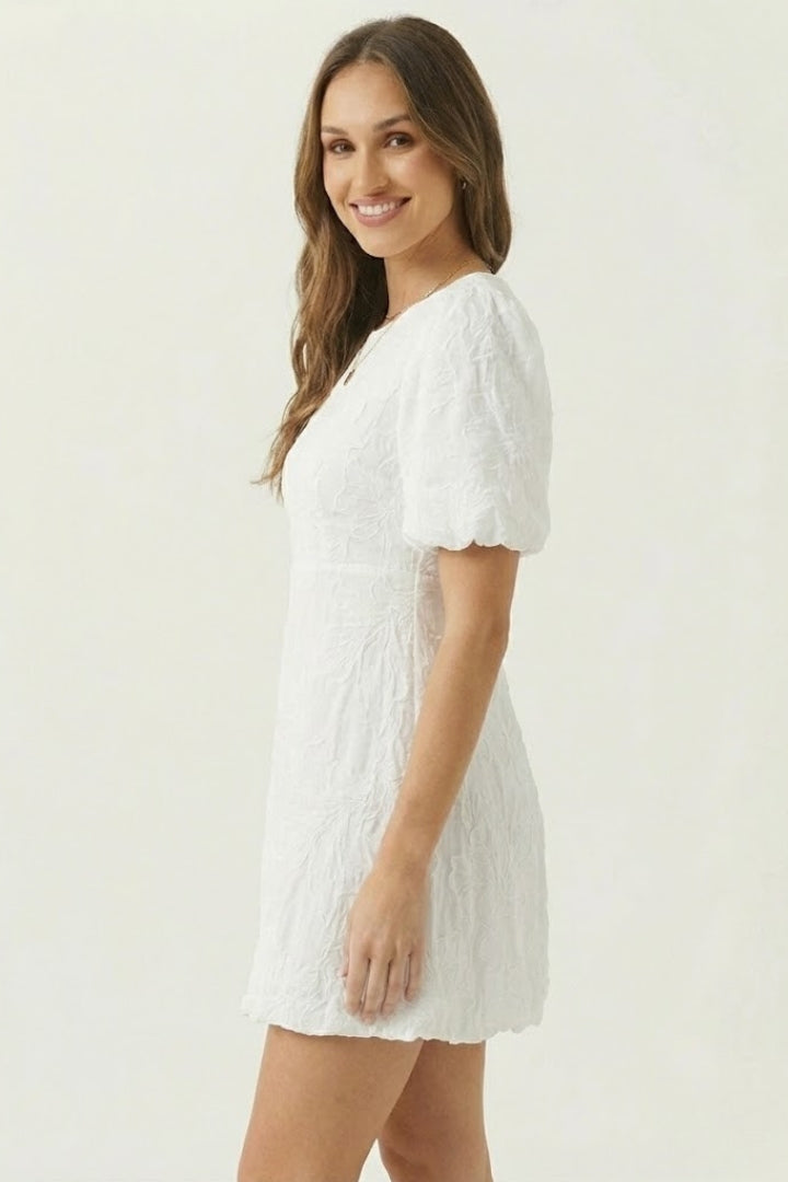 Zorana | Women’s Embroidered Mini Dress – Puff Sleeve V-Neck Floral Dress, Bubble Hem