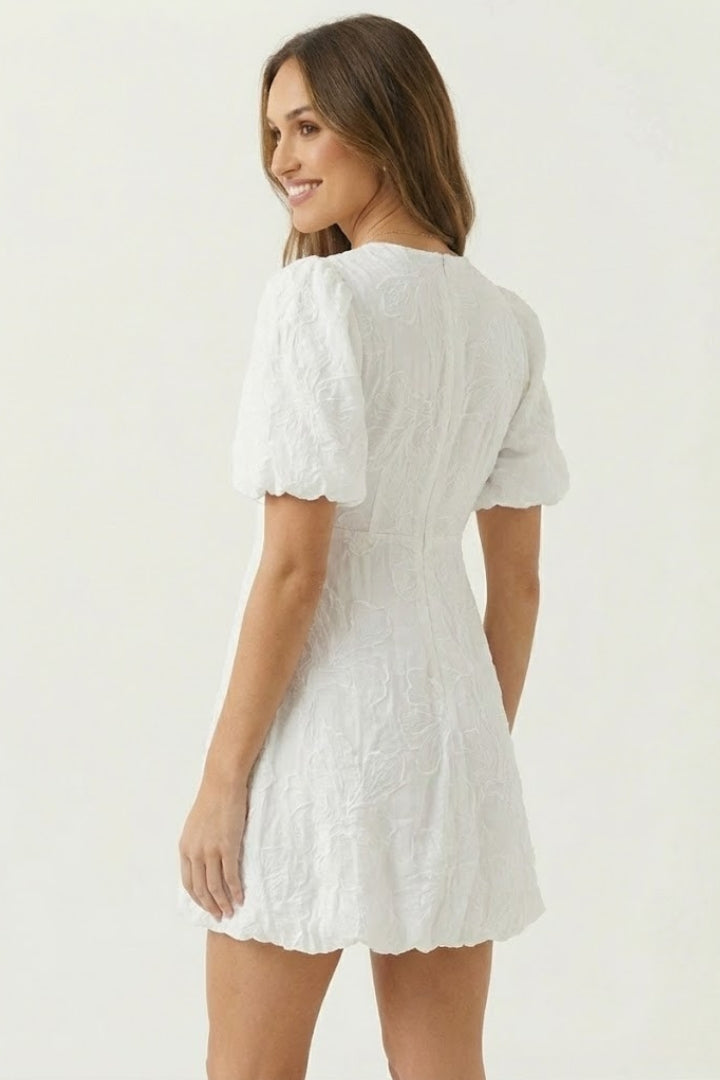 Zorana | Women’s Embroidered Mini Dress – Puff Sleeve V-Neck Floral Dress, Bubble Hem