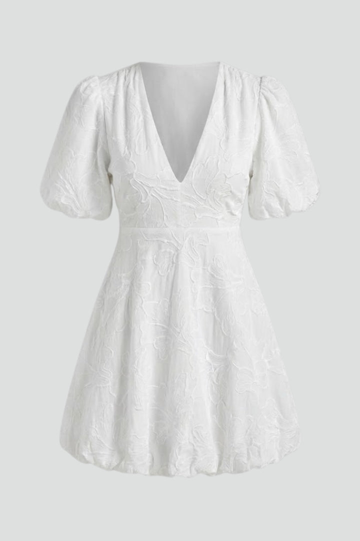Zorana | Women’s Embroidered Mini Dress – Puff Sleeve V-Neck Floral Dress, Bubble Hem