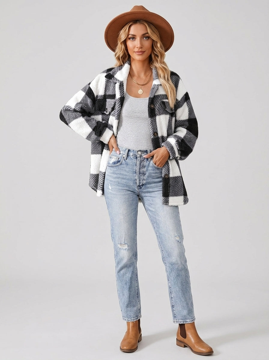 Zorielle | Women's Plaid Plush Jacket, Button-Front Long Sleeve Coat