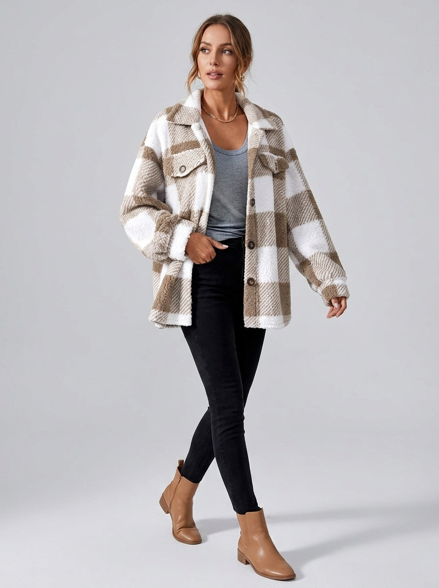 Zorielle | Women's Plaid Plush Jacket, Button-Front Long Sleeve Coat