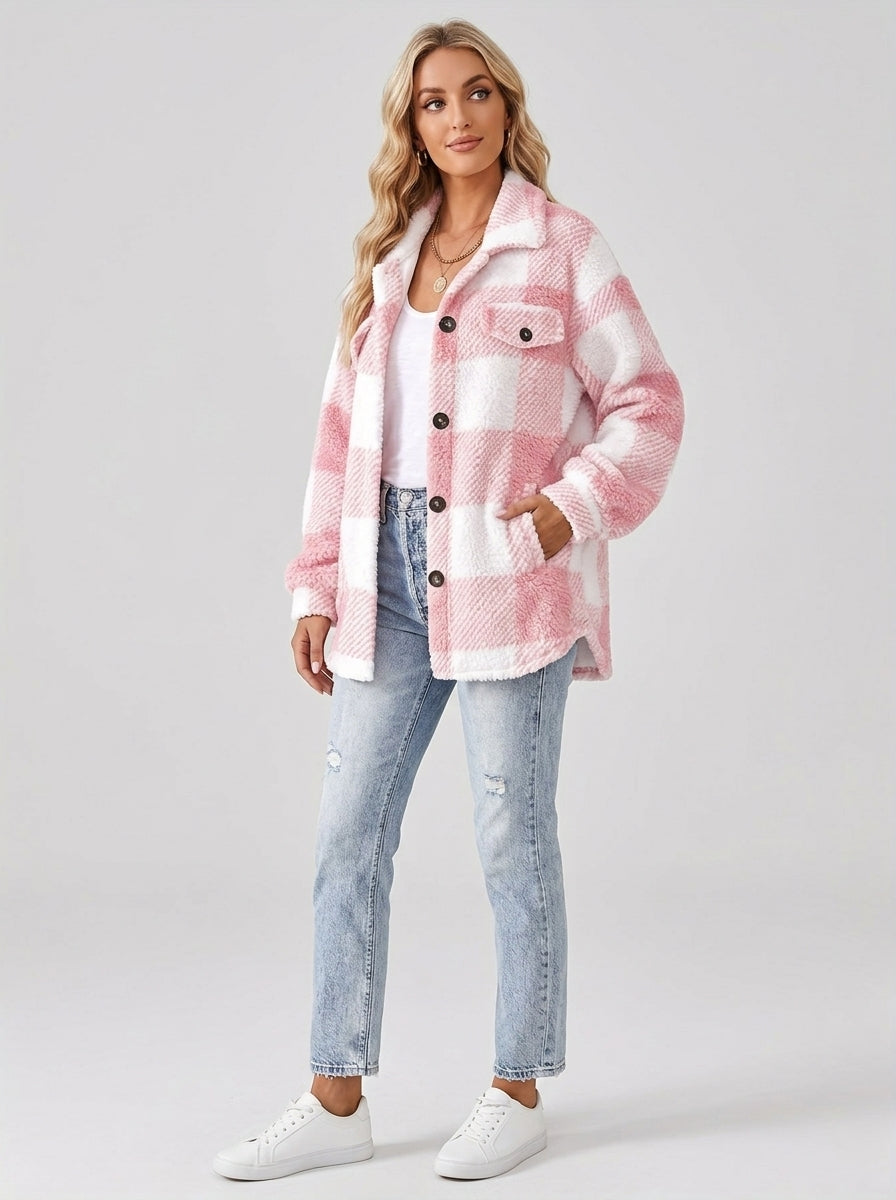 Zorielle | Women's Plaid Plush Jacket, Button-Front Long Sleeve Coat