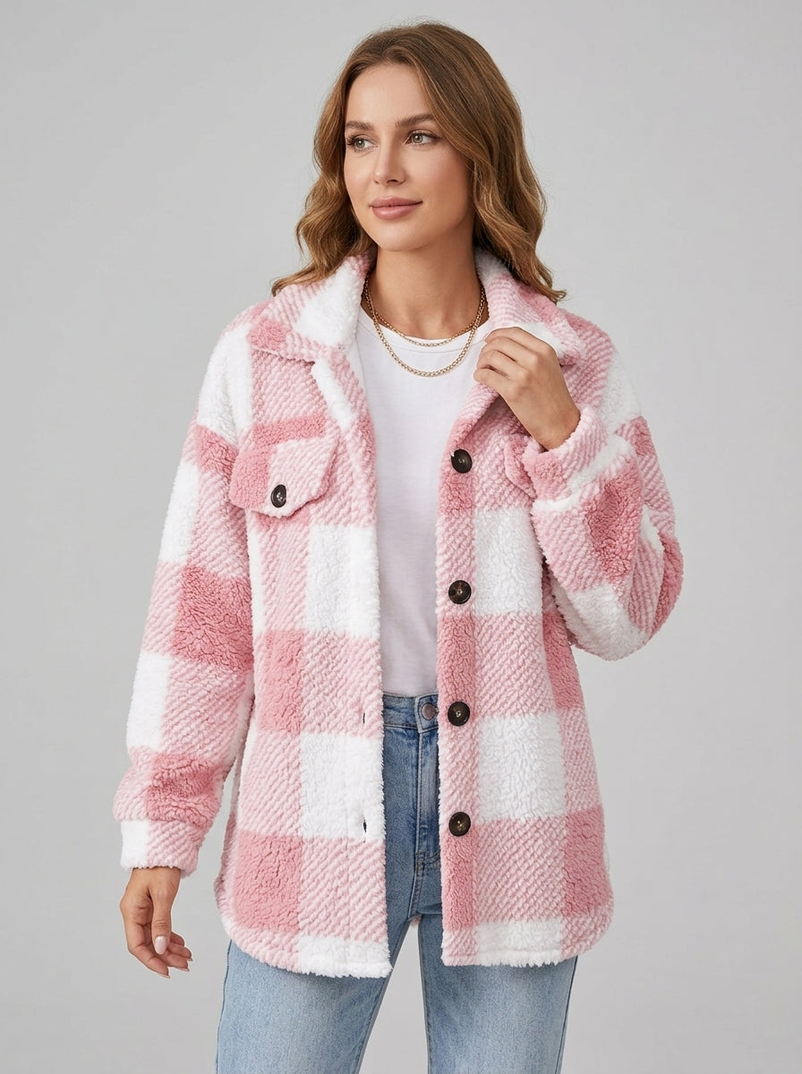 Zorielle | Women's Plaid Plush Jacket, Button-Front Long Sleeve Coat