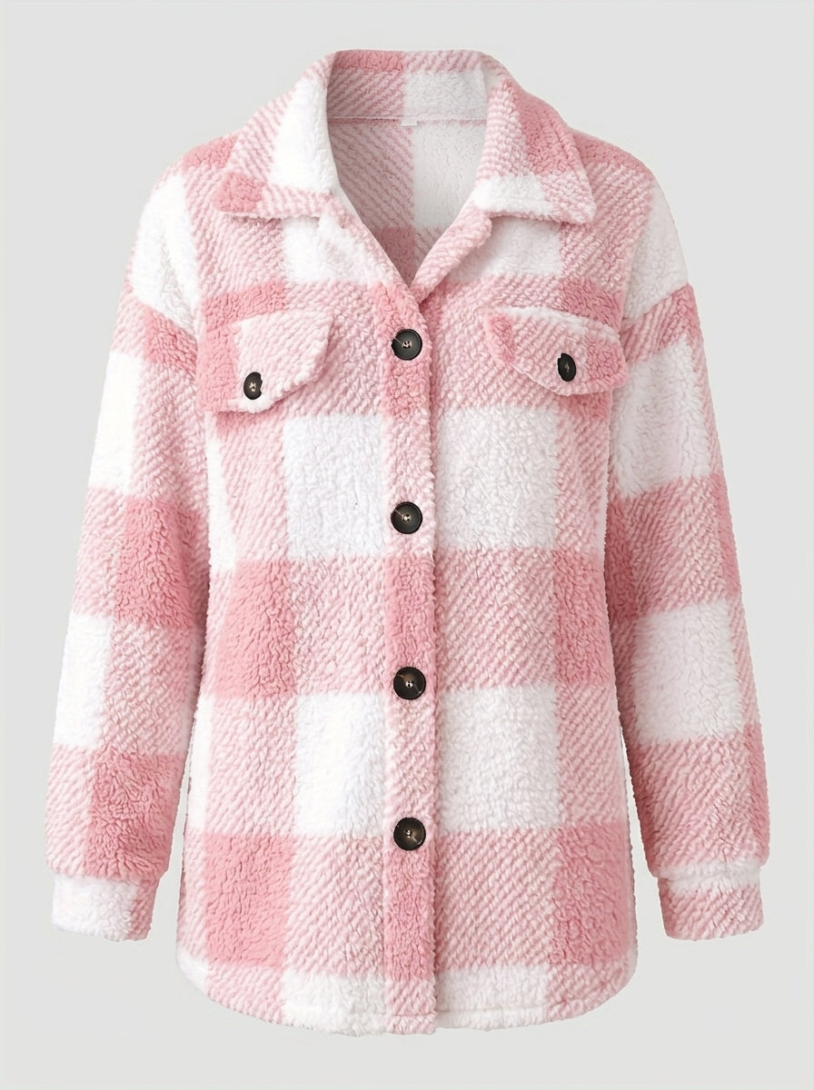Zorielle | Women's Plaid Plush Jacket, Button-Front Long Sleeve Coat