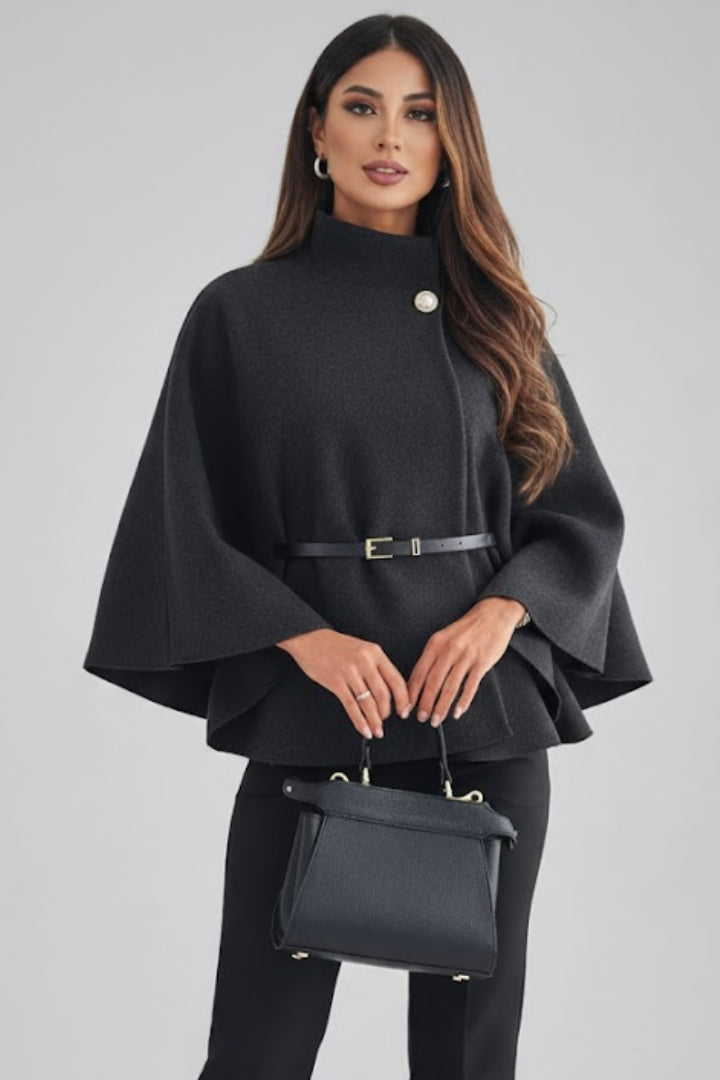 Zorina | Women's Short Cape Coat – Batwing Sleeve Open Front Belted Poncho